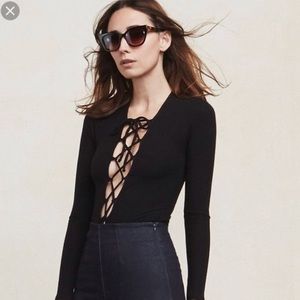 Reformation Black Ribbed Avalon Lace-up Bodysuit